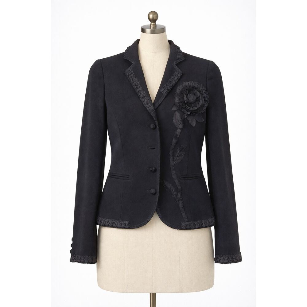 Moschino Black Blazer Jacket Accent Flower 3D Trim 8